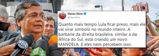 O governador Flávio Dino (PCdoB) criticou nessa terça-feira, 10, a decisão de uma juíza que o impediu, e a outros oito governadores, de visitar o ex-presidente Luiz Inácio Lula da Silva, vítima de prisão política na Superintendência da Polícia Federal em Curitiba; "Quanto mais tempo Lula ficar preso, mais ele vai virar símbolo no mundo inteiro. A barbárie da direita brasileira, similar a da África do Sul, está criando um novo MANDELA. E eles nem percebem isso", disse Dino pelo Twitter