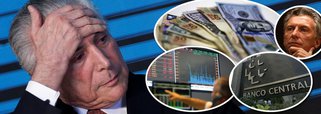 A cada semana pior; uma segunda-feira (18) tensa na economia, com o fantasma da "saída Macri" rondando o Brasil: elevação de juros e crise cambial mesmo com liquidação das reservas nacionais. Por mais que o Banco Central esteja torrando as reservas brasileiras, o "mercado" (bancos, rentistas e especuladores em geral" continuam forçando o dólar para cima. Ás 16h30 a moeda americana estava cotada a R$ 3,75, com alta de 0,57% e a Bolsa voltava a cair: 0,99%