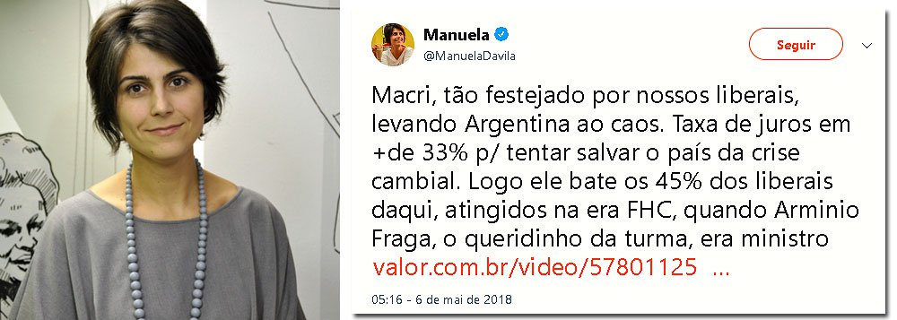 Diante do caos econômico que tomou conta da Argentina, justamente o ponto de inflexão que o candidato Macri acreditava representar à época da eleição argentina, a pré-candidata à presidência Manuela D’Ávila afirma sem seu Twitter: “Macri, tão festejado por nossos liberais, levando Argentina ao caos; taxa de juros em + de 33% p/ tentar salvar o país da crise cambial; logo ele bate os 45% dos liberais daqui, atingidos na era FHC, quando Armínio Fraga, o queridinho da turma, era ministro”