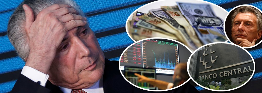 A cada semana pior; uma segunda-feira (18) tensa na economia, com o fantasma da "saída Macri" rondando o Brasil: elevação de juros e crise cambial mesmo com liquidação das reservas nacionais. Por mais que o Banco Central esteja torrando as reservas brasileiras, o "mercado" (bancos, rentistas e especuladores em geral" continuam forçando o dólar para cima. Ás 16h30 a moeda americana estava cotada a R$ 3,75, com alta de 0,57% e a Bolsa voltava a cair: 0,99%