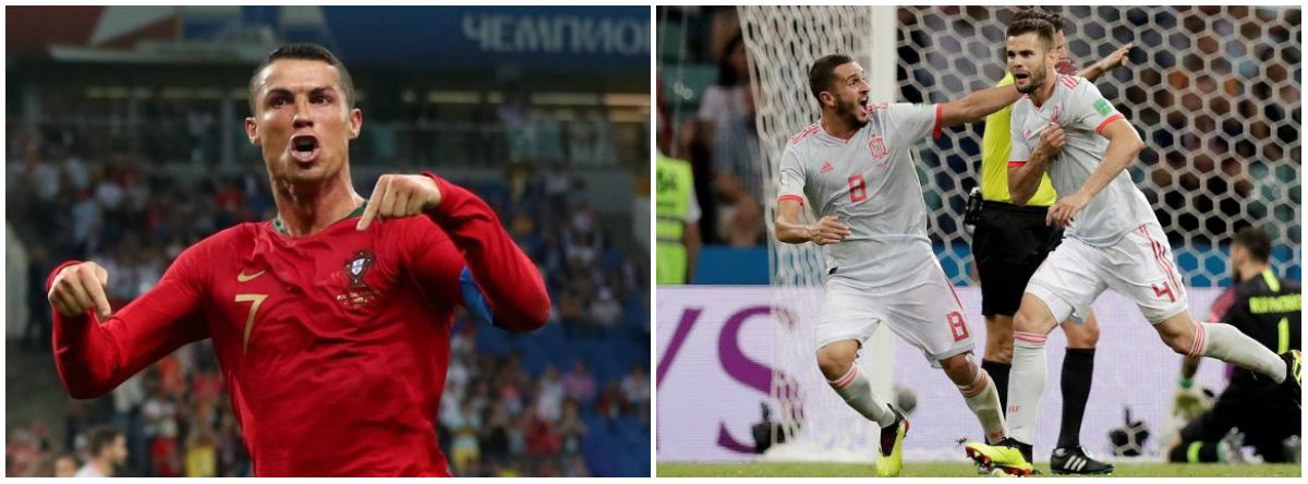 O atacante português Cristiano Ronaldo marcou os três gols de Portugal no empate com a Espanha, o último deles um golaço de falta, em um excelente jogo pelo Grupo B da Copa do Mundo nesta sexta-feira (15)