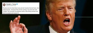 O presidente dos Estados Unidos, Donald Trump, foi ao Twitter e fez a maior ameaça à paz mundial desde o fim da Segunda Guerra Mundial; ele, que cancelou vinda à América Latina, prometeu disparar mísseis contra a Síria, sem aval do Conselho de Segurança da ONU, e disse para a Rússia, que impediu a destruição total do país, se preparar; "A Rússia promete abater quaisquer mísseis disparados contra a Síria. Prepare-se, Rússia, pois eles estão chegando, bons, novos e 'inteligentes'! Você não deveria se ter aliado ao animal assassino com gás que mata o seu povo e gosta disso!", disse Trump; ação dos EUA na Síria já matou 450 mil pessoas e deixou 10 milhões de refugiados