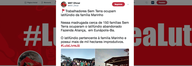 Nessa madrugada cerca de 150 famílias Sem Terra ocuparam o latifúndio abandonado Fazenda Aliança, em Eunápolis-Ba. O latifúndio pertencente à familia Marinho e possui mais de mil hectares improdutivos, segundo aponta o MST