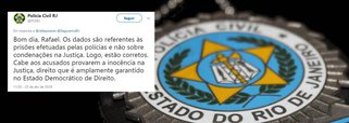 A Polícia Civil do Rio de Janeiro afirmou nesta segunda-feira, 23, por meio de sua página no Twitter, que os acusados de crimes devem provar sua inocência, quando a Constituição, no Artigo 5º, determina que todo cidadão é inocente até que sua culpa seja provada em processos transitados em julgado; "Os dados são referentes às prisões efetuadas pelas polícias e não sobre condenações na Justiça. Logo, estão corretos. Cabe aos acusados provarem a inocência na Justiça, direito que é amplamente garantido no Estado Democrático de Direito", disse a PCERJ em reposta a um seguidor; confira reações