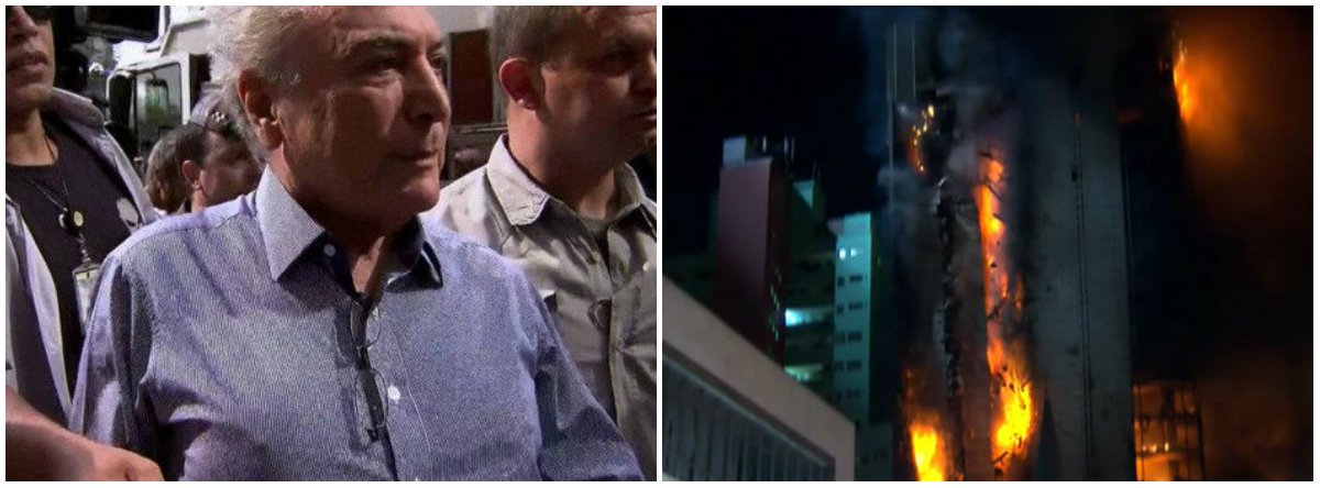 Tentando tirar proveito, e da forma mais canalha possível, da tragédia ocorrida em São Paulo, o cidadão que ocupa a presidência da república compareceu ao local onde um prédio pertencente a União, desabou após um incêndio, a fim de prestar a sua solidariedade às vítimas do acidente. É óbvio que Temer está pouco se lixando para aquelas pessoas