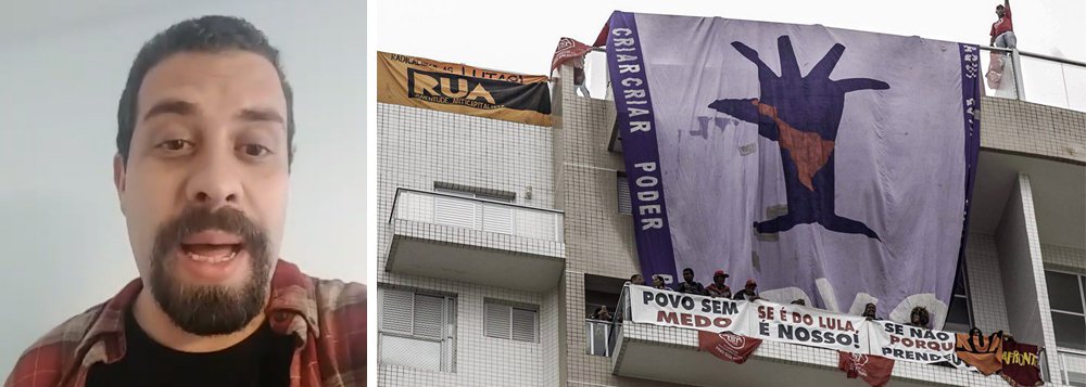 Em vídeo sobre a ocupação do triplex do Guarujá, cuja propriedade foi atribuída, sem provas, ao ex-presidente Lula, o líder do MTST e pré-candidato a presidente do PSOL, Guilherme Boulos, disse que o MTST e a frente Povo Sem Medo estão esperando quem vai pedir a reintegração de posse do imóvel; "Se o triplex é do Lula, em várias vezes ele autorizou a ocupação. O MTST então está ocupando com autorização do proprietário", ironizou Boulos; "Essa ocupação vem revelar a farsa judicial que foi feita. Lula foi preso por uma condenação política, que tinha o objetivo de retirá-lo do processo eleitoral e o levou à prisão de maneira arbitrária. E o objeto desta prisão era precisamente este triplex"