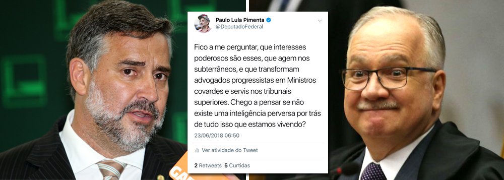"Fico a me perguntar, que interesses poderosos são esses, que agem nos subterrâneos, e que transformam advogados progressistas em Ministros covardes e servis nos tribunais superiores. Chego a pensar se não existe uma inteligência perversa por trás de tudo isso que estamos vivendo?", postou o deputado Paulo Pimenta (PT-RS), depois que o ministro Luiz Fachin, do STF, manobrou para manter Lula preso