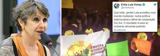 A deputada Érika Kokay registra em seu Twitter o apoio das mulheres africanas por Lula; a deputada ressalta que a crença, a política e o respeito que Lula dedicou à questão da reparação histórica que deveria ser dedicada à África, fez dele também um herói naquele continente