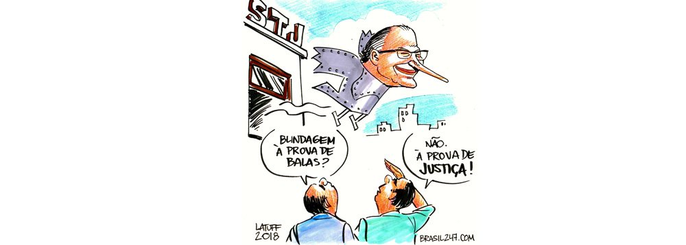O cartunista Carlos Latuff retrata em charge para o 247 a blindagem do ex-governador Geraldo Alckmin pela Justiça; o caso do tucano passou para a Justiça Eleitoral quando ele perdeu o foro privilegiado, causando indignação geral
