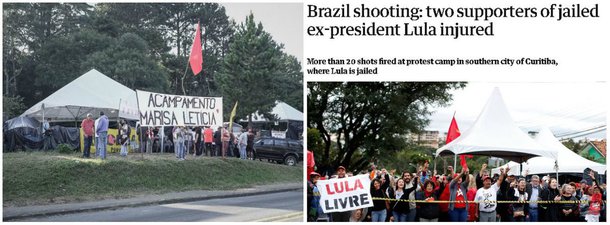 O jornal britânico The Guardian repercutiu o atentado contra um acampamento do ex-presidente Lula; segundo o veículo, "como o país mergulhou na crise política e econômica nos últimos anos, houve um aumento no número de assassinatos de ativistas e líderes políticos, rurais e ambientais. O recente assassinato de um vereador do Rio de Janeiro foi um dos casos mais chocantes e emblemáticos"