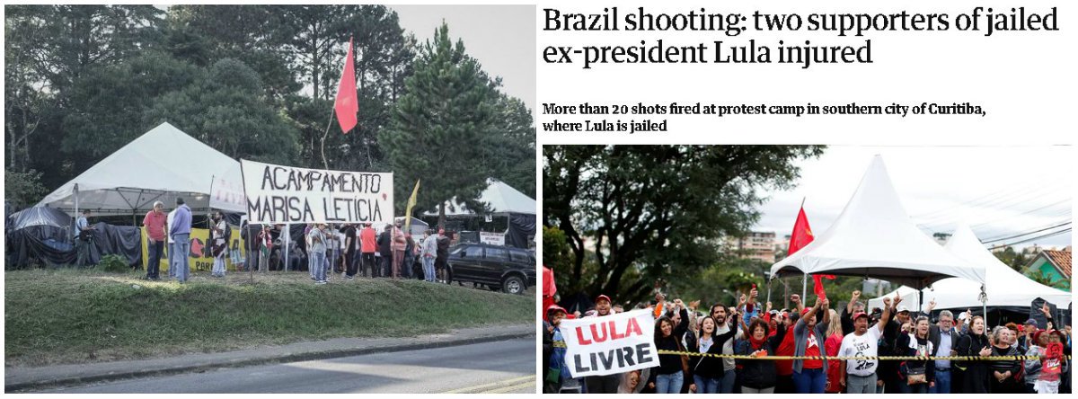O jornal britânico The Guardian repercutiu o atentado contra um acampamento do ex-presidente Lula; segundo o veículo, "como o país mergulhou na crise política e econômica nos últimos anos, houve um aumento no número de assassinatos de ativistas e líderes políticos, rurais e ambientais. O recente assassinato de um vereador do Rio de Janeiro foi um dos casos mais chocantes e emblemáticos"