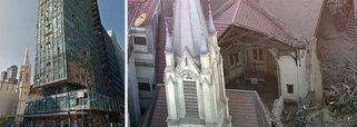 Uma igreja evangélica luterana foi atingida com o desabamento do prédio no Largo do Paissandú, no centro de São Paulo, após um incêndio de grandes proporções que atingiu dois edifícios na madrugada desta terça; a edificação de 1908 ficou bastante destruída; na foto à esquerda, é possível ver a igreja (amarela) e o prédio que desabou (verde, de vidro)