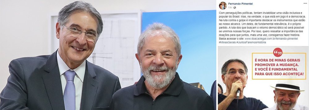 O governador Fernando Pimentel inovou ao postar uma foto, no Face, ao lado de Lula para arrecadar recursos para a sua campanha; no texto, ele diz que “Na luta contra o golpe é importante destacar instrumentos ao nosso alcance. Um deles é o partido. A luta dos que buscam o retorno democrático só será possível se unirmos forças. Quero ressaltar a importância das doações para consigamos fazer história”