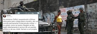 “Os ministros Toffoli, Lewandovski e Gilmar, reforçados pelo colega Marco Aurélio, são um convite permanente à intervenção militar — ou golpe, como se queira. Rasgam as leis. Agem abertamente a serviço de um partido político e de seu chefe. Servem a um projeto de tirania”, postou no Twitter José Roberto Guzzo