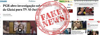 A Procuradoria-Geral da República não está investigando, nem abriu investigação sobre as declarações concedidas pela senadora Gleisi Hoffmann (PR-PR) à TV Al-Jazeera; manchete criada pela coluna de Andreza Matais, do Estadão, e repercutida em efeito "cascata" por diversos veículos é uma "barriga" em jargão do jornalismo, ou popularmente Fake News; título da publicação diz: "PGR abre investigação sobre vídeo de Gleisi para TV Al-Jazira"; e a mentira se alastrou; ao GGN, a PGR nega fake news