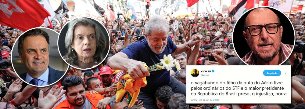 O jornalista Xico Sá, um dos mais influentes do País, não mediu palavras para protestar contra a injustiça que paira sobre o Brasil; de um lado, Lula, que lidera todas as pesquisas presidenciais, está preso por reformas num imóvel que jamais lhe pertenceu; de outro, o tucano Aécio Neves, que comandou o golpe contra a democracia, pediu e recebeu uma propina de R$ 2 milhões da JBS, está solto; no comando do circo, Cármen Lúcia manobrou para prender Lula e também para preservar o mandato de Aécio