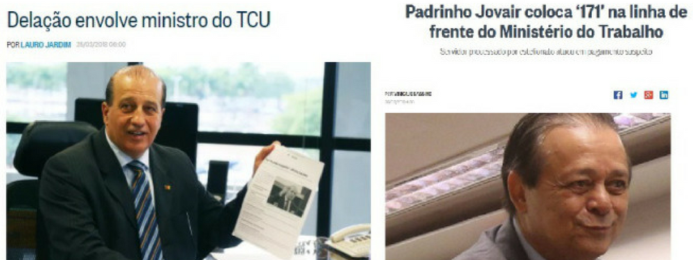 O jornal O Globo deste domingo [25/3] noticia falcatruas de dois personagens que tiveram papel central na construção da fraude do impeachment da Presidente Dilma ao lado da própria Globo e de Eduardo Cunha, Temer, Aécio, Serra, Padilha, Jucá, Moreira, Geddel, FHC: o conselheiro do TCU João Augusto Nardes, relator das pedaladas, e Jovair Arantes, indicado por Eduardo Cunha para relatar a fraude do impeachment, destaca o colunista Jeferson Miola