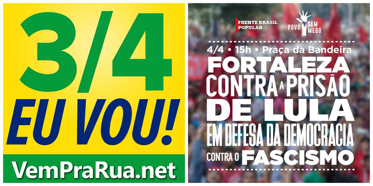 Movimentos contra e a favor do ex-presidente marcam atos públicos para hoje e amanhã. Em Fortaleza, movimentos de extrema direita, que são contra o ex-presidente, devem fazer um ato hoje, à 18 horas, na Praça Portugal, convocado pelo grupo "Vem Pra Rua". Amanhã à tarde é a vez dos movimentos populares que defendem o ex-presidente, liderados pelas Frentes Brasil Popular e Povo Sem Medo, além dos partidos do campo democrático, mobilizarem os apoiadores de Lula. O ato contará com a presença de Guilherme Boulos, presidenciável do PSOL e coordenador do Movimento dos Trabalhadores Sem Teto (MTST) 