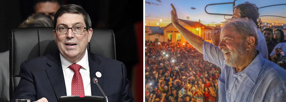 Em pronunciamento na 8ª Cúpula das Américas, realizada no Peru, o chanceler cubano, Bruno Rodríguez, fez um veemente apelo pela libertação do ex-presidente Lula, por ele considerado "preso político"; "Utiliza-se a luta contra a corrupção como uma arma política; os procuradores e juízes atuam como 'partidos políticos' e se impede que os eleitores votem em candidatos com forte apoio popular, como é o caso do presidente, preso político, Luiz Inácio Lula da Silva, cuja liberdade exigimos"