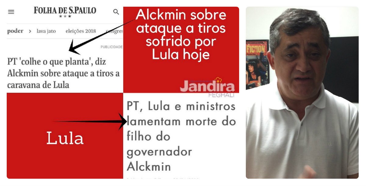 As declarações do governador de São Paulo, Geraldo Alckmin, candidato do PSDB à presidência, minimizando a tentativa de atentado contra a vida do ex-presidente Luiz Inácio Lula da Silva, provocaram a indignação de políticos que defendem a democracia. Nas redes sociais, o deputado federal José Guimarães (PT-CE) afirmou que o "Governador de SP defende o fascismo e demonstra não ter nenhum compromisso com a Democracia. O país precisa se levantar contra a violência, o ódio e o fascismo". Ele também reproduziu postagem da deputada federal Jandira Feghali (PCdoB-RJ), comparando a postura solidária diferenciada entre Lula e Alckimin