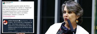 Deputada federal Erika Kokay (PT-DF) comenta a reação do diretor de Jornalismo da Globo, Ali Kamel, após a divulgação de áudios atribuídas ao apresentador Chico Pinheiro, que fala de Lula como uma "ideia" e critica Sergio Moro; "Globo enquadra suposto áudio de Chico Pinheiro arvorando-se 'isenta' e 'imparcial'. Ora, todos sabemos que a emissora faz propaganda política c/ uma concessão pública. A Globo tem lado e só tolera comentários 'isentos' c/ esse de @LeilaneNeubarth", postou a parlamentar