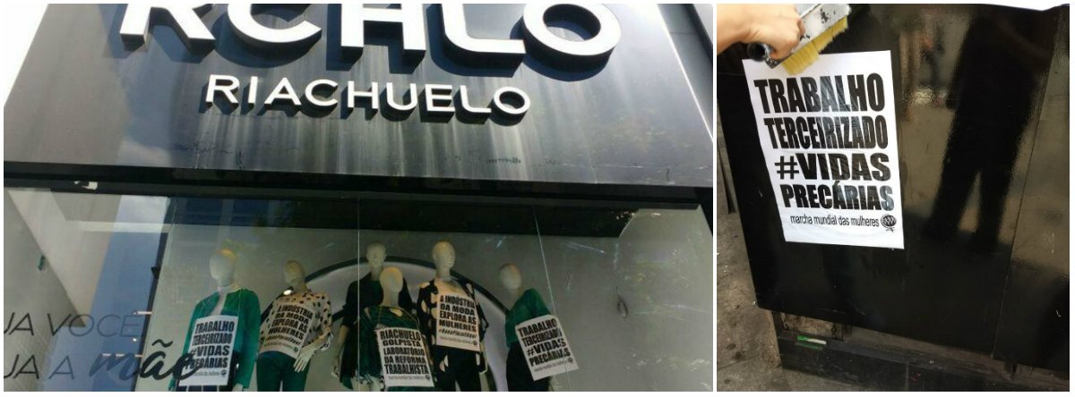 Militantes feministas da Marcha Mundial das Mulheres realizaram em várias cidades do país um ato em solidariedade às vítimas do desmoronamento do Rana Plaza, em 2013, em Bangladesh; as lojas Riachuelo foram escolhidas como o alvo em 2018 em razão do apoio do empresário Flávio Rocha ao golpe contra a ex-presidenta Dilma Rousseff e da precarização do trabalho pela empresa