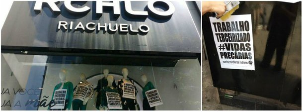 Militantes feministas da Marcha Mundial das Mulheres realizaram em várias cidades do país um ato em solidariedade às vítimas do desmoronamento do Rana Plaza, em 2013, em Bangladesh; as lojas Riachuelo foram escolhidas como o alvo em 2018 em razão do apoio do empresário Flávio Rocha ao golpe contra a ex-presidenta Dilma Rousseff e da precarização do trabalho pela empresa