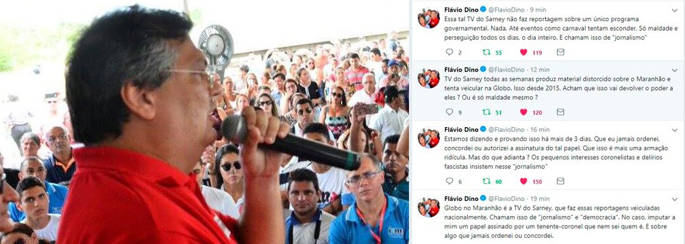 O governador Flávio Dino (PCdoB) usou as redes sociais para afirmar que a matéria da TV Mirante é um ataque capitaneado pelo grupo Sarney, dono da TV afiliada à Globo; 'o governo está provando que não autorizou a assinatura do memorando falso da PM', disse Dino, que classificou como uma armação ridícula que 'os pequenos interesses coronelistas e delírios fascistas insistem nesse “jornalismo”