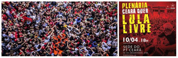 O PT Ceará e o PT Fortaleza realizam nesta terça-feira, 10 de abril, ás 18h, mais uma "Plenária Ceará Quer Lula Livre" na sede estadual do partido, na Av. da Universidade, 2189. A plenária deve definir as novas ações da militância e dos apoiadores de Lula. No último fim de semana, várias atividades, reunindo milhares de pessoas foram realizadas em Fortaleza e no interior. A orientação do partido é manter mobilização permanente