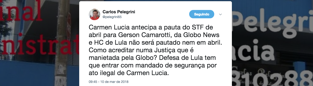 Essa é a questão levantada pelo advogado Carlos Pellegrini, após a decisão da ministra Cármen Lúcia de não pautar a questão das prisões em segunda instância e antecipar sua decisão a um jornalista da casa; "Carmen Lucia antecipa a pauta do STF de abril para Gerson Camarotti, da Globo News e HC de Lula não será pautado nem em abril. Como acreditar numa Justiça que é manietada pela Globo? Defesa de Lula tem que entrar com mandado de segurança por ato ilegal de Carmen Lucia", diz ele