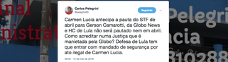 Essa é a questão levantada pelo advogado Carlos Pellegrini, após a decisão da ministra Cármen Lúcia de não pautar a questão das prisões em segunda instância e antecipar sua decisão a um jornalista da casa; "Carmen Lucia antecipa a pauta do STF de abril para Gerson Camarotti, da Globo News e HC de Lula não será pautado nem em abril. Como acreditar numa Justiça que é manietada pela Globo? Defesa de Lula tem que entrar com mandado de segurança por ato ilegal de Carmen Lucia", diz ele
