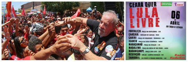 Desde a decretação da prisão de Lula, pelo juiz Sérgio Moro, a mobilização popular só aumenta, em todo o Brasil, na defesa do ex-presidente. Em Fortaleza, imediatamente após a divulgação da notícia, no início da noite, a sede estadual do Partido dos Trabalhadores ficou lotada de apoiadores do ex-presidente. Para hoje estão marcadas manifestações em várias cidades. Em Fortaleza, a concentração será as 15 horas, na Praça da Gentilândia. Agora pela manhã estudantes da Universidade Federal (UFC) fizeram manifestação e fecharam a Av. da Universidade e o MST fechou a rodovia que liga Santa Quitéria a Canindé
       
 