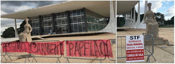 Organizado pelo Movimento das Mulheres com Lula pela Democracia, o ato criticou o encontro fora da agenda da presidente do STF, ministra Cármen Lúcia, com Michel Temer no fim de semana, e a resistência da ministra em pautar o habeas corpus do ex-presidente Lula e ainda a questão da prisão após condenação em segunda instância, mesmo com o pedido de outros ministros; uma faixa colocada na frente do Supremo traz a mensagem: "péssimo, Cármen. Papelão"; para Zezé Weiss, uma das organizadoras do ato, o encontro de Cármen com Temer é "um escárnio, um tapa na cara da sociedade"; "Agora não é 'com Supremo, com tudo", mas sim "com Cármen Lúcia, com Supremo, com tudo", diz