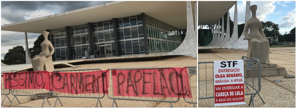 Organizado pelo Movimento das Mulheres com Lula pela Democracia, o ato criticou o encontro fora da agenda da presidente do STF, ministra Cármen Lúcia, com Michel Temer no fim de semana, e a resistência da ministra em pautar o habeas corpus do ex-presidente Lula e ainda a questão da prisão após condenação em segunda instância, mesmo com o pedido de outros ministros; uma faixa colocada na frente do Supremo traz a mensagem: "péssimo, Cármen. Papelão"; para Zezé Weiss, uma das organizadoras do ato, o encontro de Cármen com Temer é "um escárnio, um tapa na cara da sociedade"; "Agora não é 'com Supremo, com tudo", mas sim "com Cármen Lúcia, com Supremo, com tudo", diz