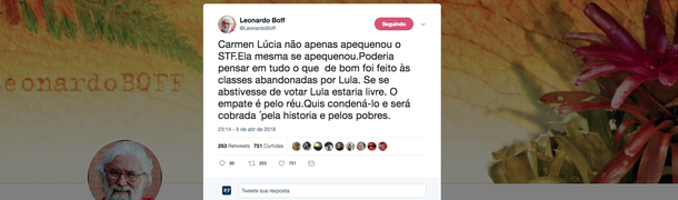 O teólogo Leonardo Boff diz que Cármen Lúcia, presidente do STF, é a responsável pela prisão ilegal do ex-presidente Lula e diz que ela será cobrada não apenas pela história, mas também pelos mais pobres, que são as principais vítimas do golpe de 2016 no Brasil, e que prossegue com a caçada a Lula