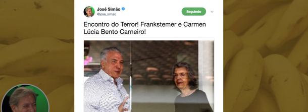 "Encontro do Terror! Frankstemer e Carmen Lúcia Bento Carneiro!", escreveu o colunista José Simão, sobre a reunião fora da agenda entre um investigado por corrupção e a presidente do Supremo Tribunal Federal