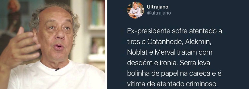 O jornalista José Trajano reagiu com indignação aos comentários de aplauso ao fascismo praticado contra a caravana do ex-presidente Lula no sul do Paraná; "Ex-presidente sofre atentado a tiros e Catanhede, Alckmin, Noblat e Merval tratam com desdém e ironia. Serra leva bolinha de papel na careca e é vítima de atentado criminoso", disse Trajano
