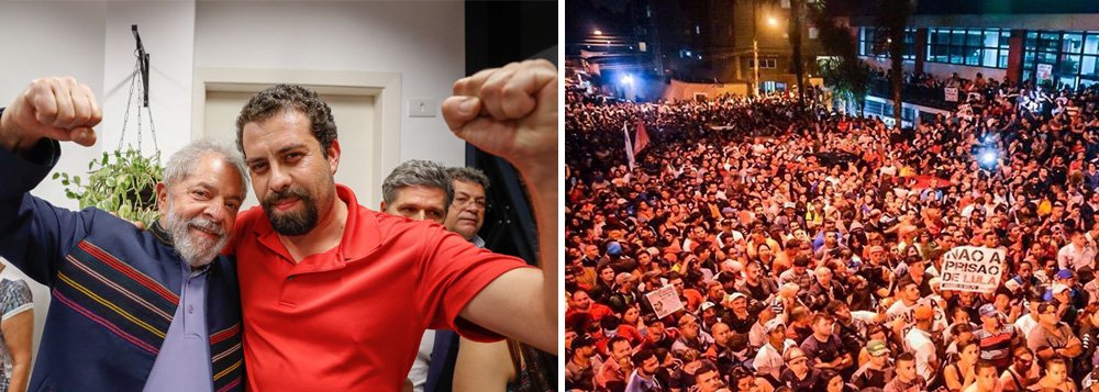 Líder do MTST e da Frente Povo Sem Medo, Guilherme Boulos discursa no ato em São Bernardo e diz que a cidade "é a capital da resistência democrática"; apoiadores aguardam o pronunciamento histórico do ex-presidente Lula, que não se entregou à Polícia Federal no prazo determinado por Sergio Moro, às 17h; "Se alguém rasgou a Constituição foi quem condenou sem provas", declarou o pré-candidato do PSOL; "Estamos aqui para garantir a Constituição", reforçou
