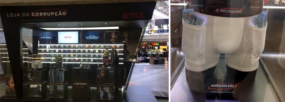 A série "O Mecanismo", da Netflix, que distorce fatos históricos contra o PT ao retratar a operação Lava Jato, montou uma loja para divulgação da série no aeroporto de Brasília; desonestidade intelectual da série dirigida por José Padilha deixou muitos brasileiros furiosos, que decidiram cancelar sua assinatura da Netflix como forma de protesto; quem está pagando a fake news da Netflix?