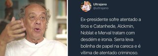 O jornalista José Trajano reagiu com indignação aos comentários de aplauso ao fascismo praticado contra a caravana do ex-presidente Lula no sul do Paraná; "Ex-presidente sofre atentado a tiros e Catanhede, Alckmin, Noblat e Merval tratam com desdém e ironia. Serra leva bolinha de papel na careca e é vítima de atentado criminoso", disse Trajano