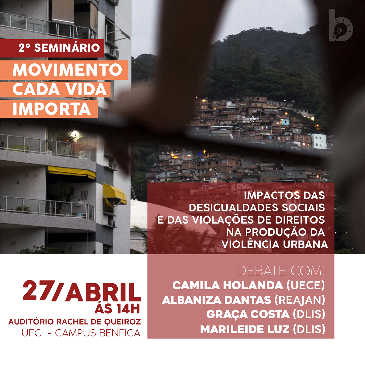 Será realizado nesta sexta-feira (27), a partir das 14h, no Auditório Rachel de Queiroz, do Centro de Humanidades da Universidade Federal do Ceará (UFC), o "2º Seminário do Movimento Cada Vida Importa: a universidade na prevenção e enfrentamento da violência", tendo como tema "Impactos das desigualdades sociais e das violações de direitos na produção da violência urbana"