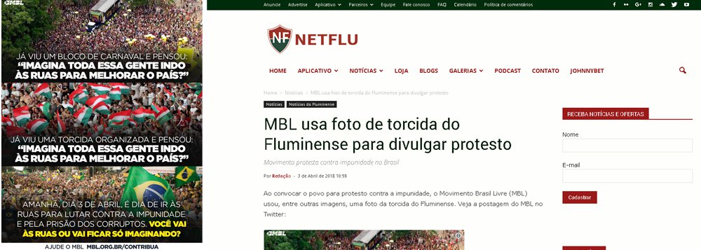 Após ter uma fotografia da sua torcida utilizada pelo Movimento Brasil Livre (MBL), o próprio Fluminense repudiou o uso político da imagem; "O Fluminense Football Club é uma instituição apolítica e reprova o uso indevido da imagem de sua torcida, camisa e pavilhão", respondeu; postagem do MBL gerou revolta nos torcedores nas redes sociais