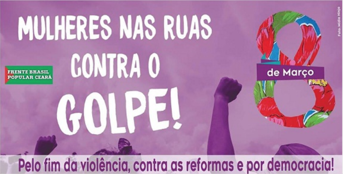 Mulheres cearenses realizam nesta quinta-feira (8), data em que se comemora o Dia Internacional da Mulher, ato unificado para promover a a igualdade de gênero, a resistência ao golpe em curso, o fim da violência contra as mulheres e das reformas que retiram os direitos dor tabalhadores, além da defesa da democracia. Sindicatos e movimentos sociais estarão reunidos a partir das 8h, na escadaria da Faculdade de Direito da UFC, em frente à Praça da Bandeira