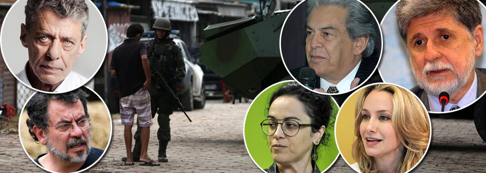 Mais de 300 acadêmicos, artistas, intelectuais, políticos, juristas e movimentos sociais dedicados à defesa da democracia e dos direitos humanos assinam documento em que demonstram séria preocupação com a decretação de intervenção federal no Rio de Janeiro pelo governo Temer, "medida que indica a opção pela lógica militar para enfrentar os importantes problemas de segurança pública, com consequências sumamente graves para a população que vive nos territórios com maior incidência de violência"; entre os signatários estão Celso Bandeira de Mello, Jorge Furtado, Celso Amorim, Chico Buarque, Marcia Tiburi, Carol Proner, Frente Brasil Popular, Marcha Mundial das Mulheres e MST