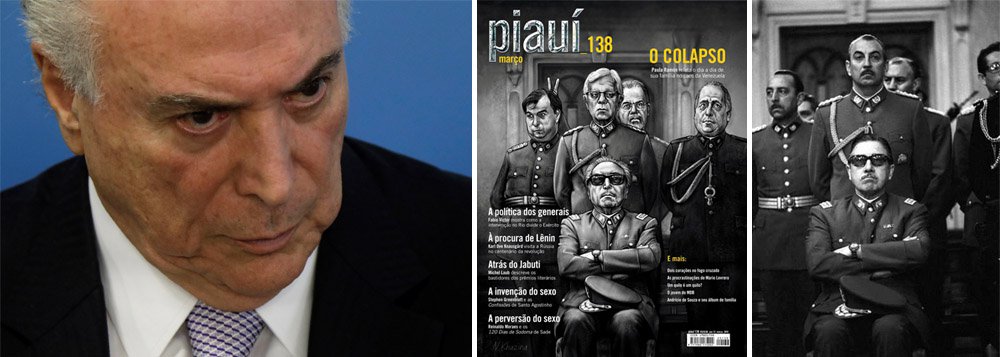 Publicação de João Moreira Salles, um dos herdeiros do Itaú Unibanco, já coloca o Brasil numa ditadura, em que Michel Temer assume ares do ditador chileno Augusto Pinochet; Temer é apresentado sentado em traje militar, acompanhado dos ministros Moreira Franco e Raul Jungmann, do governador do Rio, Luiz Fernando Pezão, e do presidente da Câmara, Rodrigo Maia
