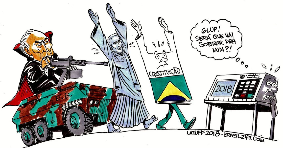 Chargista Carlos Latuff divulgou nesta segunda-feira, 19, uma charge para o 247 que mostra o terror de Michel Temer com a intervenção militar na Segurança Pública do Rio de Janeiro; charge retrata Temer num tanque do Exército com uma metralhadora apontada para o Cristo Redentor, a Constituição Brasileira, além do temor de uma urna eletrônica sobre as eleições de outubro