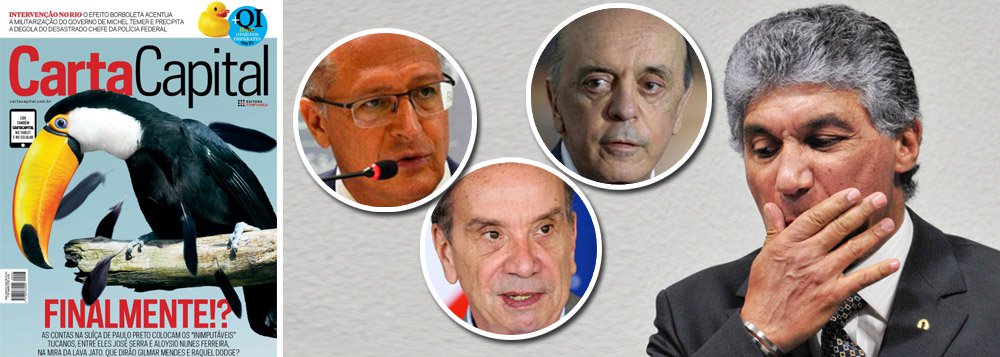 Capa da revista Carta Capital destaca o caso de Paulo Vieira de Souza, arrecadador do PSDB nas obras do Rodoanel e nos pedágios, flagrado com R$ 113 milhões na Suíça; "As contas de Paulo Preto colocam os 'inimputáveis' tucanos, entre eles José Serra e Aloysio Nunes Ferreira na mira da Lava Jato. Que dirão Gilmar Mendes e Raquel Dodge?", diz a chamada da capa; casos de propina envolvendo o nome de Paulo Preto já foram citados por sete delatores da Lava Jato (da Odebrecht, Andrade Gutierrez e pelo operador Adir Assad), e aparece em depoimentos de outros três executivos da OAS e da Queiroz Galvão que negociam acordo com procuradores