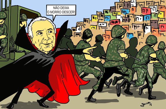 O cartunista Geuvar Oliveira publicou uma charge fazendo uma brincadeira com o decreto que prevê a intervenção federal na segurança pública do Rio anunciado por Michel Temer; de acordo com a charge, a medida não resolverá o problema da violência no estado. Na prática, as pessoas ficarão impedida de descer dos morros, uma espécie de "segregação social"