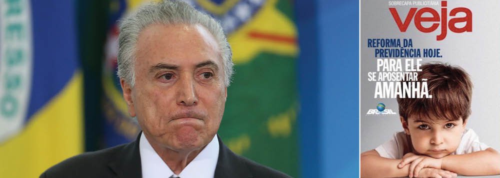 A Justiça mandou suspender novamente a veiculação da nova leva de propagandas sobre a reforma da Previdência. Segundo a acoluna Painel, o Planalto foi informado na sexta-feira, 16, horas após Michel Temer anunciar a intervenção militar na Segurança Pública no Rio de Janeiro; "Ninguém levantou uma sobrancelha. Como o decreto impede a votação de emendas à Constituição, o governo já ia tirar as peças do ar", diz a coluna; neste fim de semana, a revista Veja circula com uma capa publicitária, paga pelo governo de Michel Temer, em que defende a reforma da Previdência