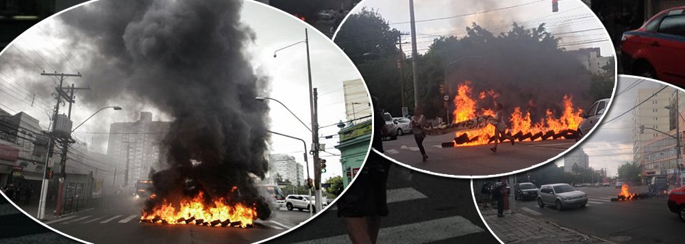 Manifestantes ligados à Frente Brasil Popular reagem à condenação do ex-presidente Lula pelo TRF-4 com fogo nas principais ruas no centro de Porto Alegre; um grupo queimou pneus no cruzamento da Avenida Azenha com a Avenida Princesa Isabel; atos criticam o voto do desembargador Pedro Gebran Neto, relator do processo do triplex, que trouxe mais convicções do que provas, e a já quase certa condenação de Lula por 3 a 0